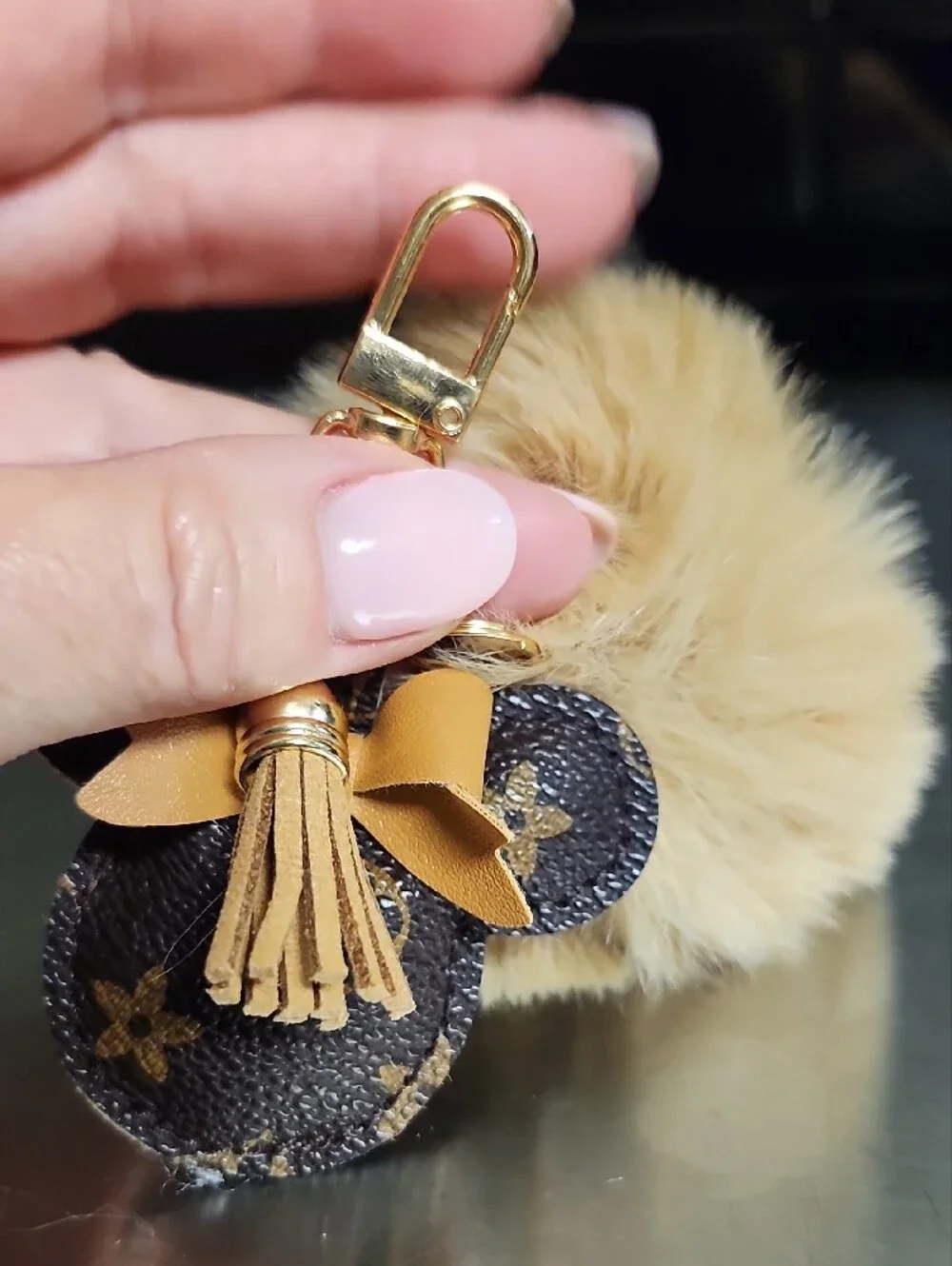 Unbranded Faux Fur Pom Pom Keychain with Brown Bow Accent